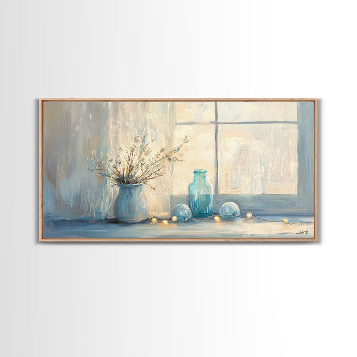 Soft Blue Window Still Life With Vase Canvas Print, Calming Wall Art, Cozy Bedroom Decor, Neutral Home Decor Gift For Her