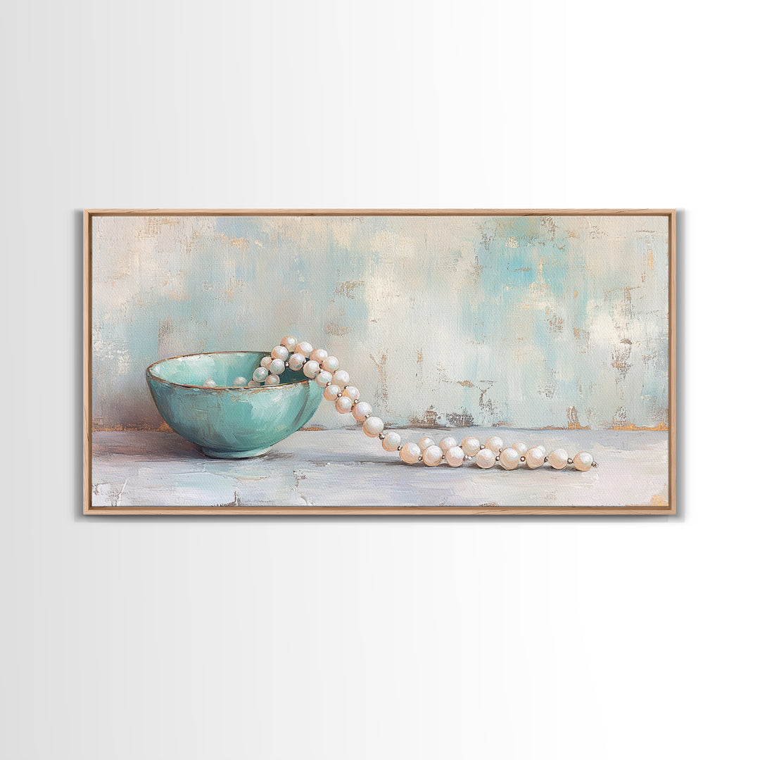 Turquoise Bowl With Pearl Strand Wall Art, Feminine Still Life Art Print, Coastal Bathroom Decor, Elegant Home Decor Gift
