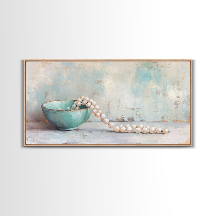 Turquoise Bowl With Pearl Strand Wall Art, Feminine Still Life Art Print, Coastal Bathroom Decor, Elegant Home Decor Gift