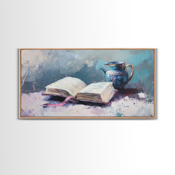 Open Book And Blue Pitcher Wall Art, Cozy Library Home Decor, Reading Nook Art Print, Book Lover Framed Canvas Print Gift