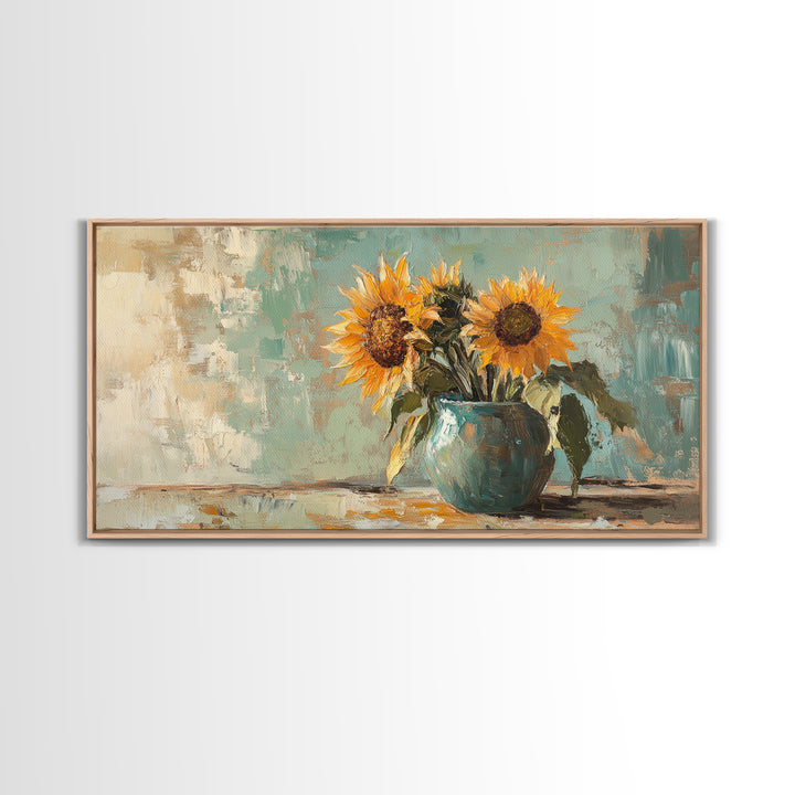 Sunflowers In Turquoise Pitcher Wall Art, Rustic Floral Decor, Country Kitchen Art Print, Farmhouse Framed Canvas Print Gift