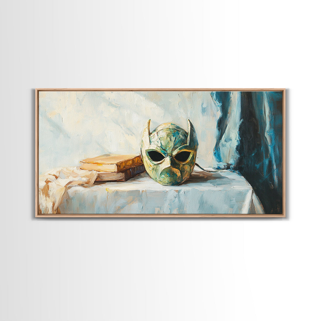 Green Masquerade Mask And Books Wall Art, Gothic Library Decor, Fantasy Dark Academia Art Print, Framed Canvas Print Gift