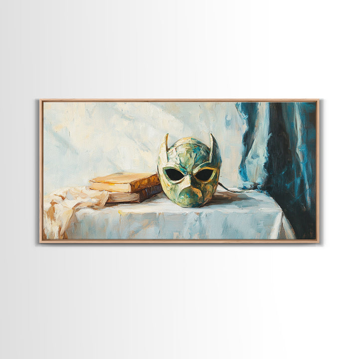 Green Masquerade Mask And Books Wall Art, Gothic Library Decor, Fantasy Dark Academia Art Print, Framed Canvas Print Gift