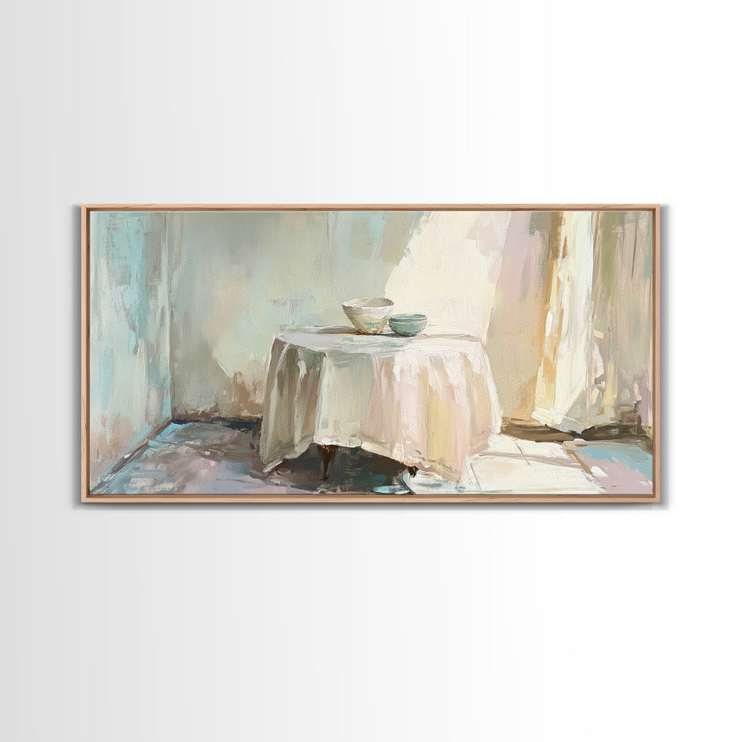 Sunlit Table With Teacups Wall Art, Minimalist Neutral Decor, Cozy Dining Room Art Print, Japandi Framed Canvas Print Gift