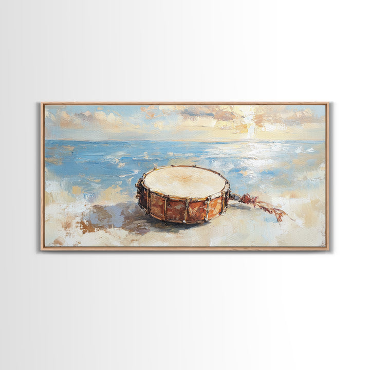 Weathered Beach Drum At Sunrise, Coastal Seascape Framed Canvas Print, Ocean Wall Art, Nautical Decor, Beach House Decor Gift