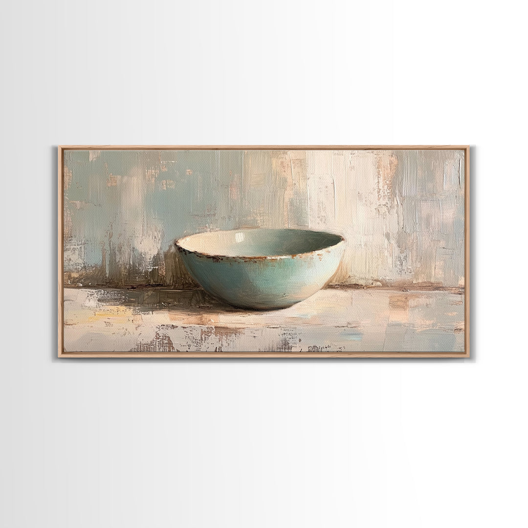 Turquoise Ceramic Bowl Still Life, Minimalist Framed Canvas Print, Neutral Wall Art, Wabi Sabi Decor, Modern Kitchen Art