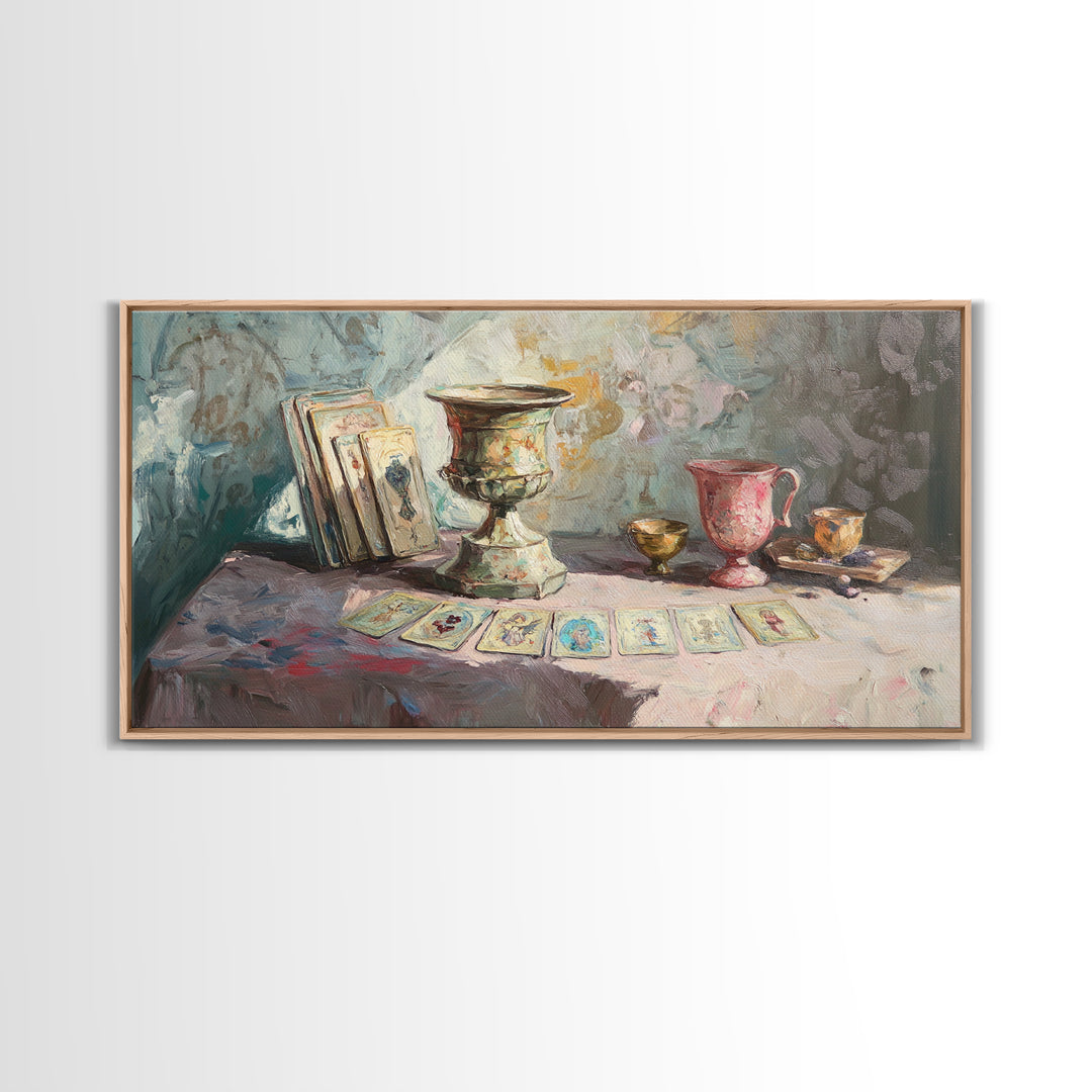 Tarot Cards And Antique Goblets, Mystical Still Life Canvas Print, Witchy Wall Art, Dark Academia Decor, Unique Spiritual Gift