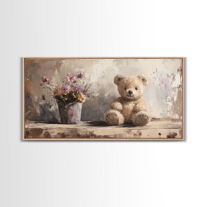 Teddy Bear With Wildflowers, Sweet Nursery Framed Canvas Print, Whimsical Wall Art, Kids Room Decor, Cute Baby Shower Gift