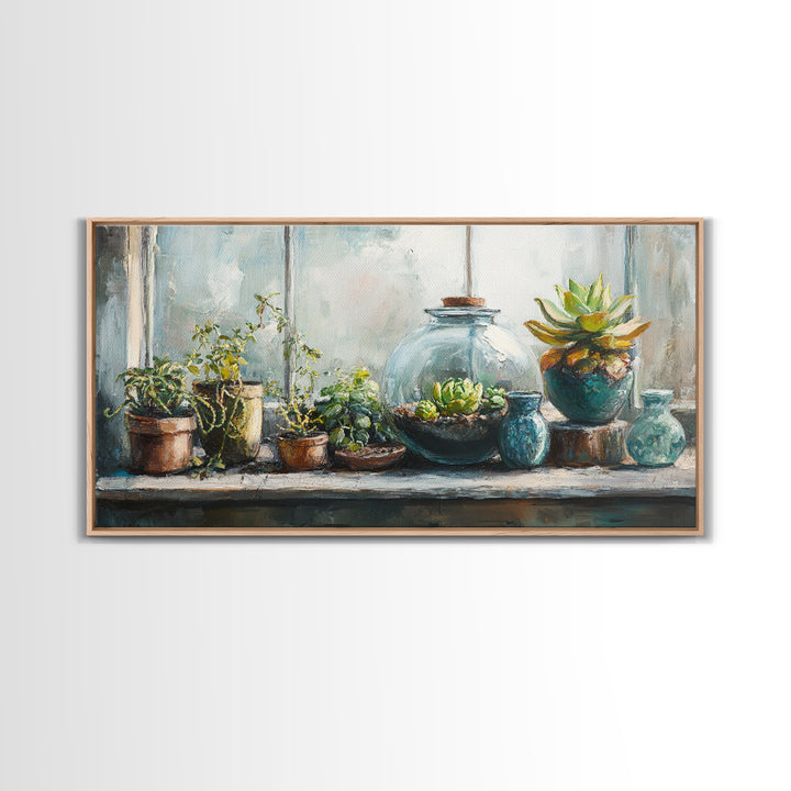 Sunlit Succulent And Potted Plant Wall Art, Botanical Canvas Print, Boho Plant Decor, Nature Inspired Home Decor, Living Room Decor
