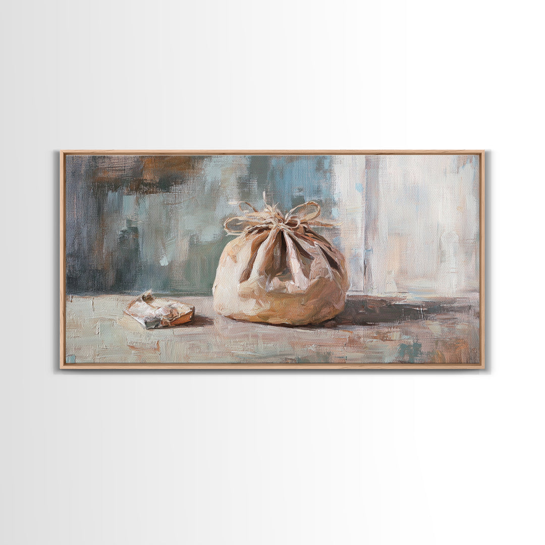 Knotted Linen Bundle Still Life Wall Art, Neutral Rustic Home Decor, Wabi Sabi Canvas Print, Minimalist Kitchen Wall Decor