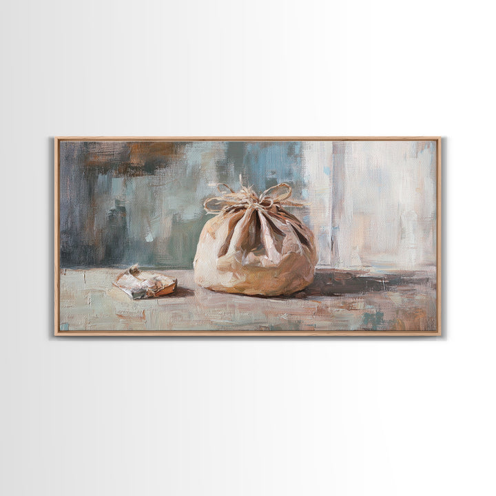 Knotted Linen Bundle Still Life Wall Art, Neutral Rustic Home Decor, Wabi Sabi Canvas Print, Minimalist Kitchen Wall Decor