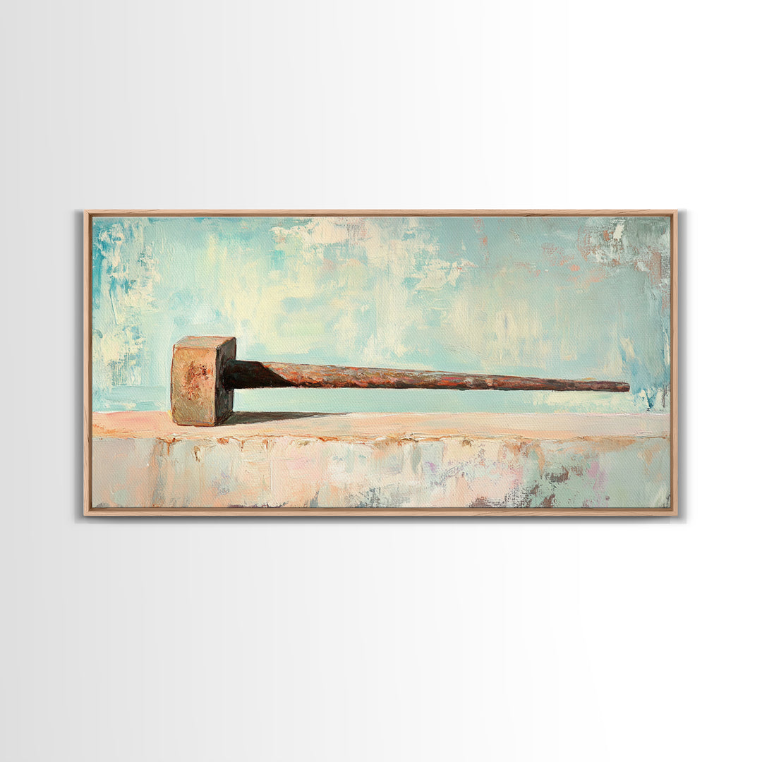 Rusty Hammer On Pale Blue Shelf Wall Art, Industrial Tool Canvas Print, Garage Decor, Workshop Office Decor, Gift For Him