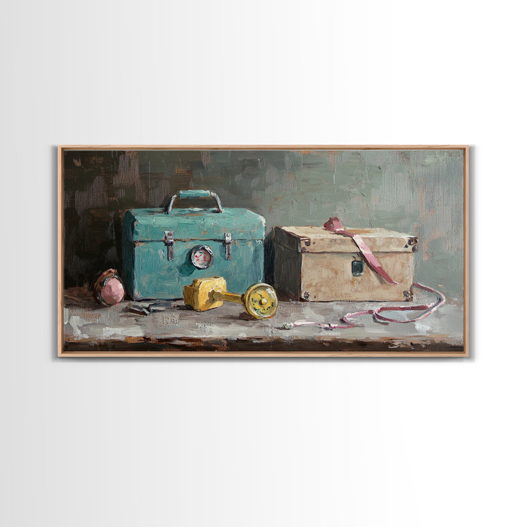 Turquoise Toolbox And Cardboard Box Wall Art, Industrial Still Life Canvas Print, Garage Decor, Workshop Office Decor, Gift For Him