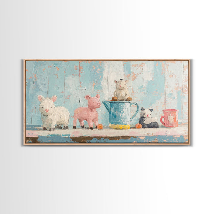 Sweet Farm Animal Toys On Shelf Wall Art, Whimsical Nursery Canvas Print, Kids Room Decor, Baby Animal Art, Gift, Playroom Decor