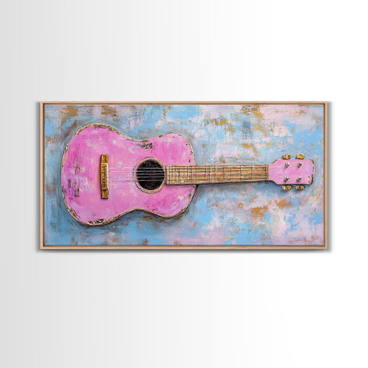 Pink Acoustic Guitar Painting Canvas Print, Music Studio Wall Art, Retro Music Room Decor, Gift For Guitar Lover And Home Decor