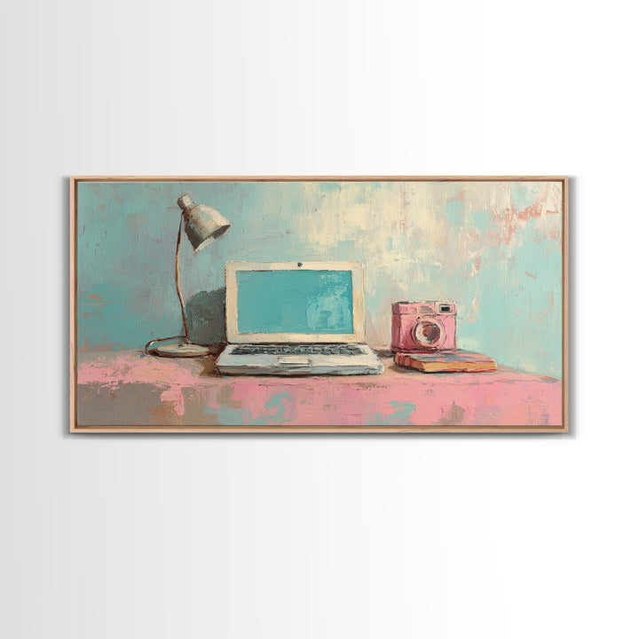 Pastel Laptop Lamp And Camera Desk Wall Art, Home Office Decor, Tech Lover Art Print, Modern Study Room Canvas Print For Apartment Decor