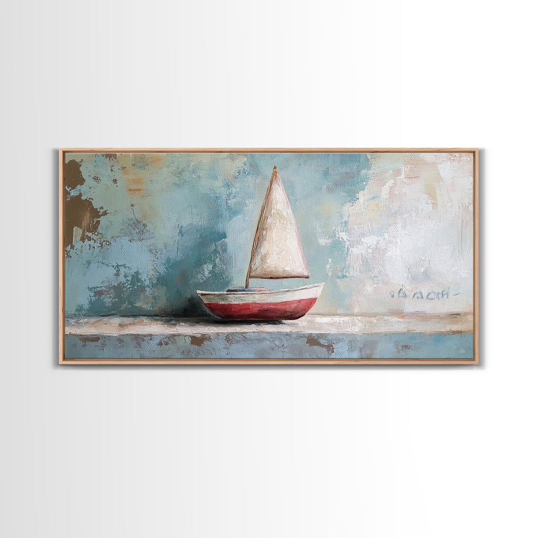 Red And White Sailboat Still Life Canvas Print, Nautical Wall Art, Coastal Home Decor, Beach House Gift And Ocean Nursery Decor