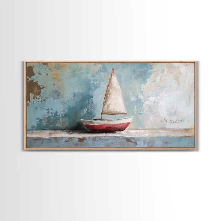Red And White Sailboat Still Life Canvas Print, Nautical Wall Art, Coastal Home Decor, Beach House Gift And Ocean Nursery Decor