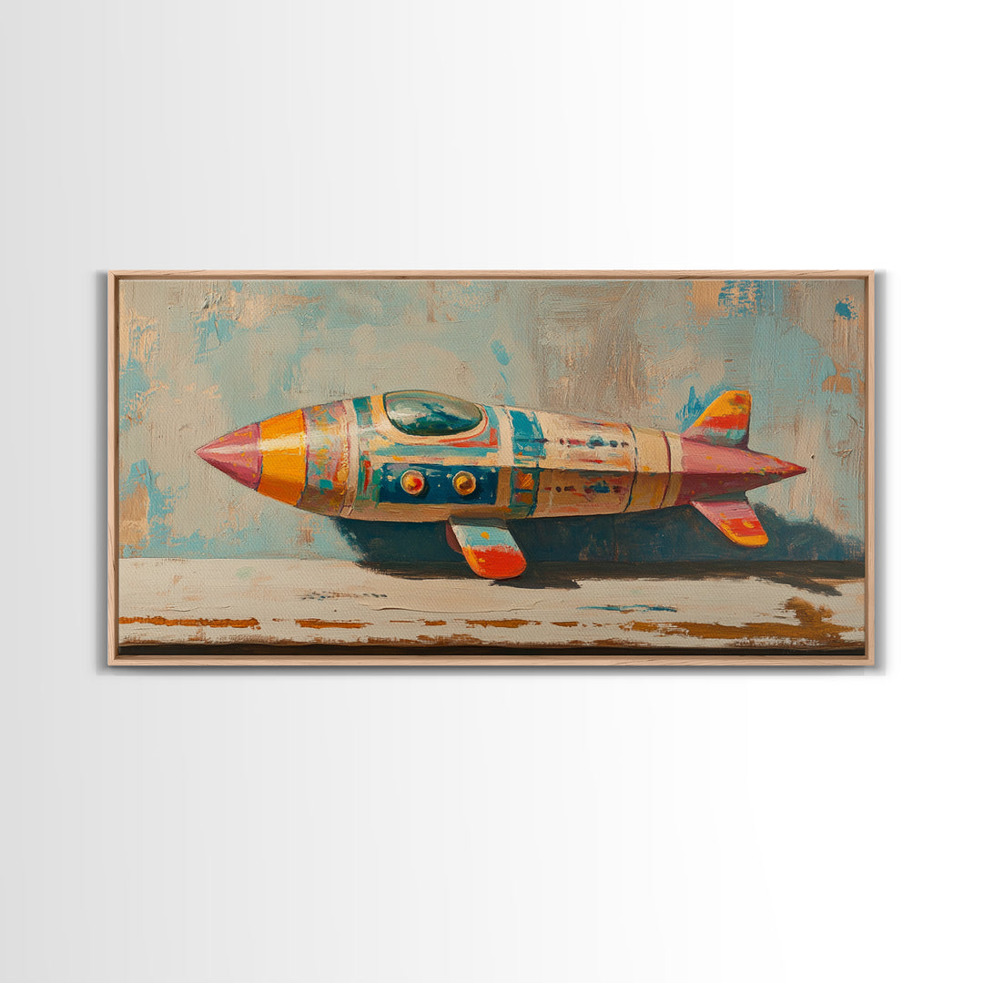 Retro Tin Toy Rocket Framed Canvas Print, Space Wall Art, Sci Fi Nursery Decor, Boys Room Art Gift For Space Lover Retro Space Decor