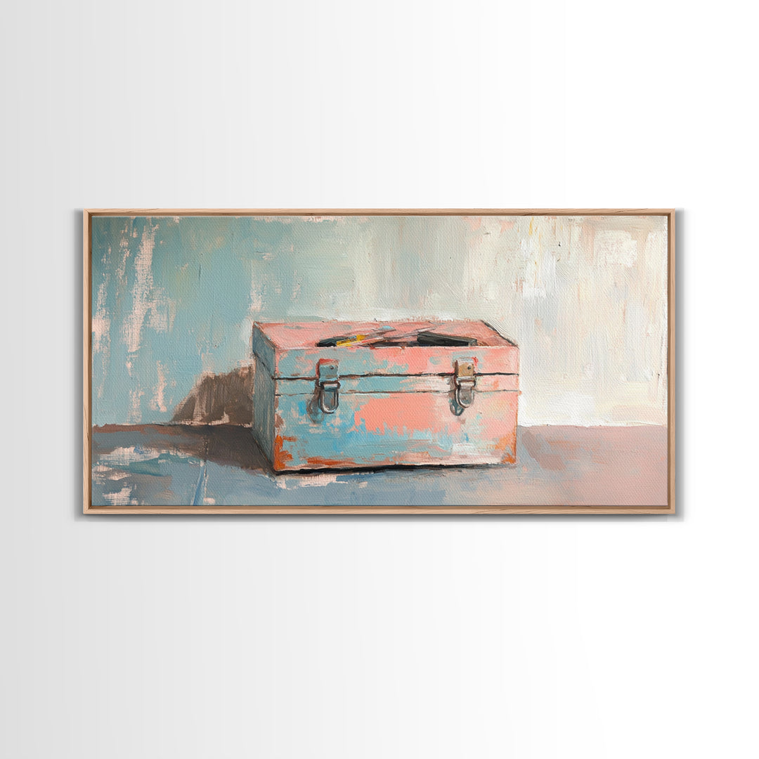 Rustic Pink And Blue Toolbox Canvas Print, Industrial Wall Art, Garage Decor, Mechanic Gift For Workshop And Office Home Decor