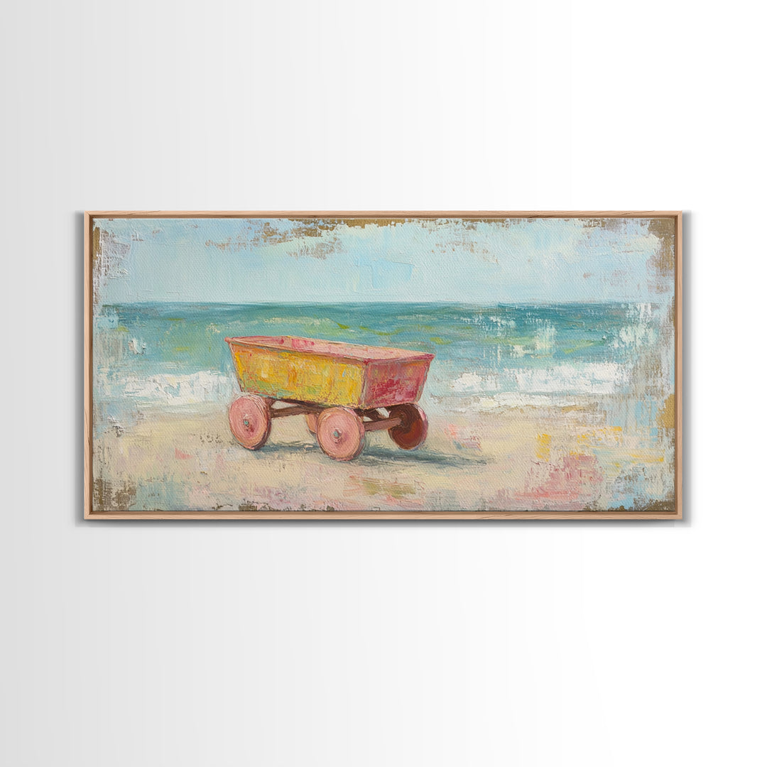 Yellow Beach Wagon Canvas Print, Coastal Wall Art, Beach House Decor, Ocean Wall Decor, Summer Nursery Art, Housewarming Gift