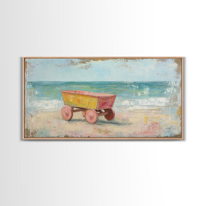 Yellow Beach Wagon Canvas Print, Coastal Wall Art, Beach House Decor, Ocean Wall Decor, Summer Nursery Art, Housewarming Gift