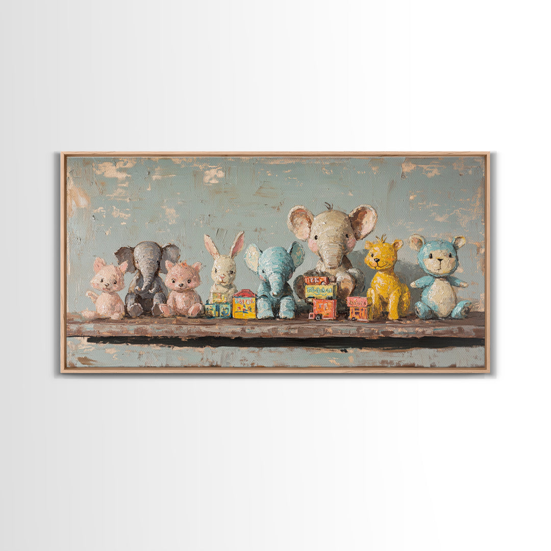 Stuffed Animal Shelf Framed Canvas Print, Nursery Wall Art, Kids Room Decor, Safari Animal Art, Whimsical Baby Shower Gift
