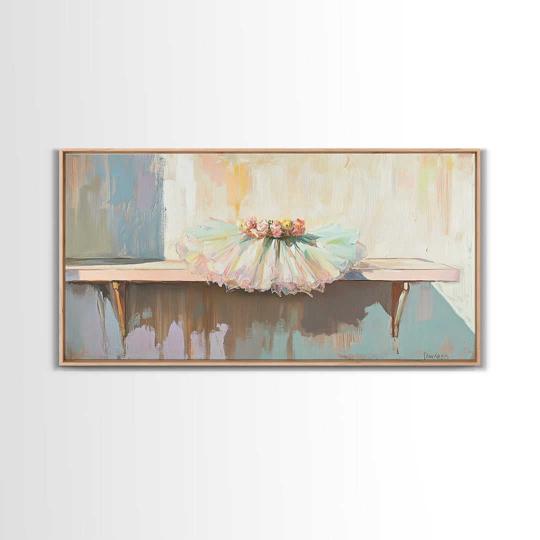 Pastel Ballet Tutu On Barre Wall Art, Girls Room Decor, Dance Studio Decor, Nursery Wall Art, Feminine Framed Canvas Print