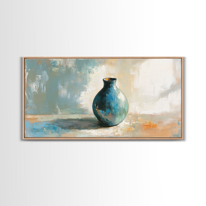 Turquoise Ceramic Vase Still Life Framed Canvas Print, Neutral Wall Art, Modern Home Decor, Living Room Decor, Housewarming Gift