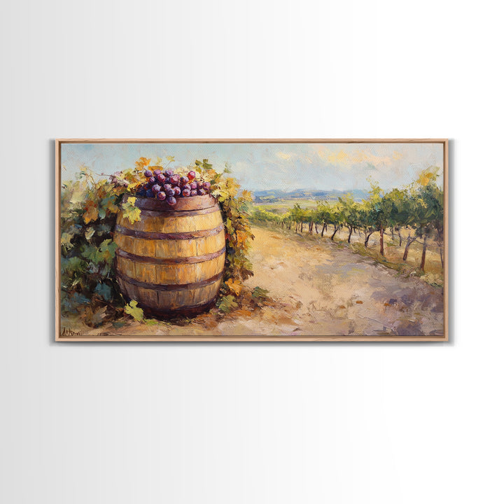 Wine Barrel And Grapes Vineyard Landscape Canvas Print, Winery Wall Art, Rustic Kitchen Decor, French Country Decor, Gift For Wine Lover