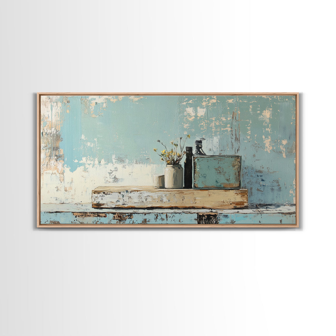 Rustic Blue Shelf Still Life Wall Art, Textured Coastal Farmhouse Kitchen Decor, Neutral Living Room Art Print, Housewarming Gift