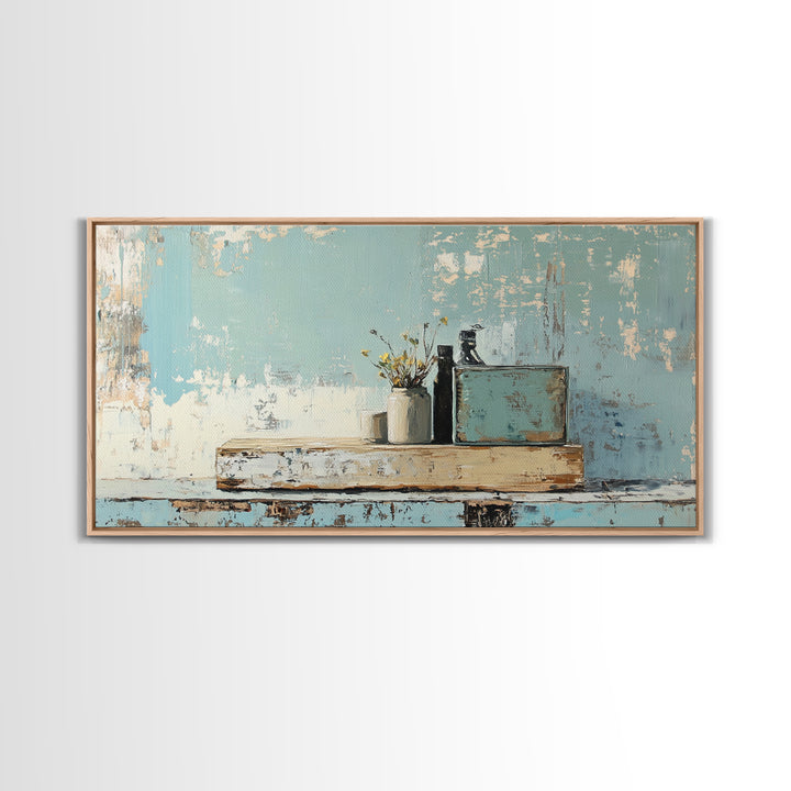 Rustic Blue Shelf Still Life Wall Art, Textured Coastal Farmhouse Kitchen Decor, Neutral Living Room Art Print, Housewarming Gift