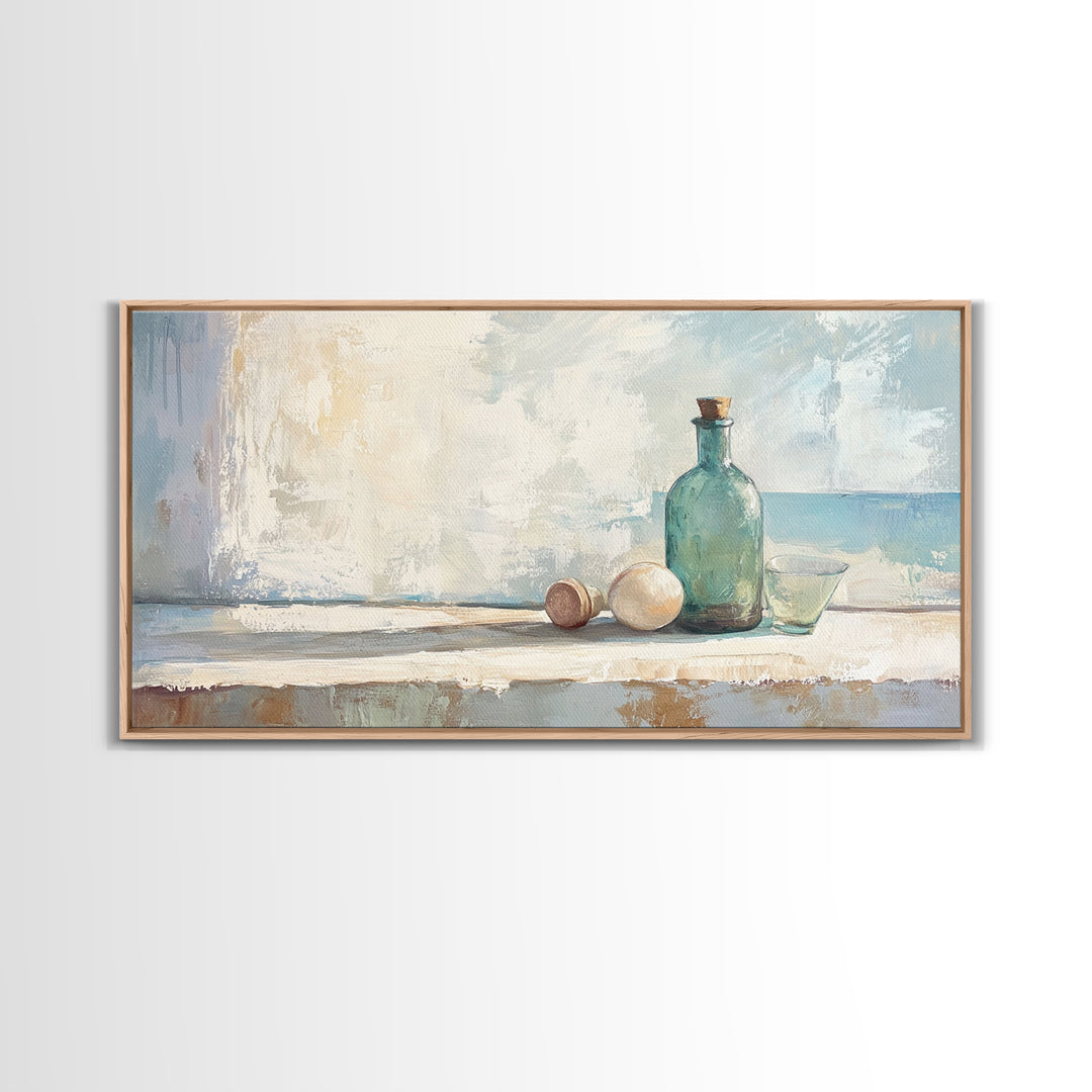 Sea Glass Bottle And Eggs Wall Art, Minimalist Coastal Kitchen Decor, Neutral Still Life Canvas Print, Beach House Decor Gift