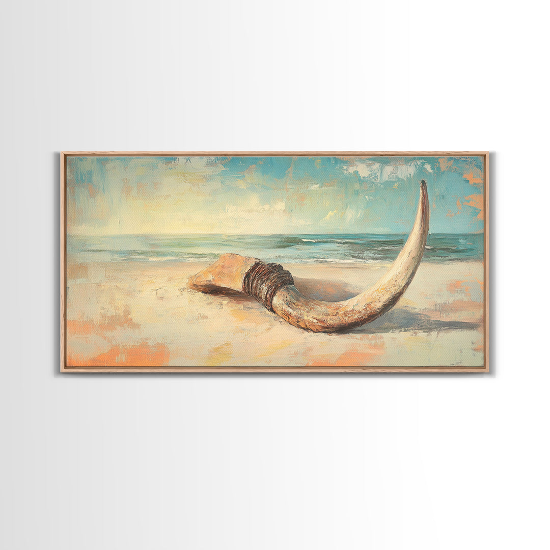 Weathered Horn On Sandy Shore Wall Art, Coastal Beach House Decor, Nautical Canvas Wall Art, Rustic Seascape Gift For Living Room Decor