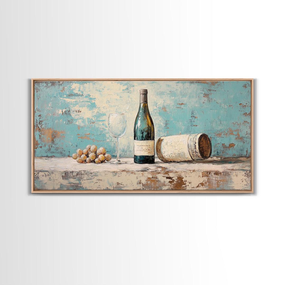 Wine Bottle With Glass And Grapes Canvas Print, Winery Kitchen Wall Art, Rustic Bar Cart Decor, Vineyard Housewarming Gift