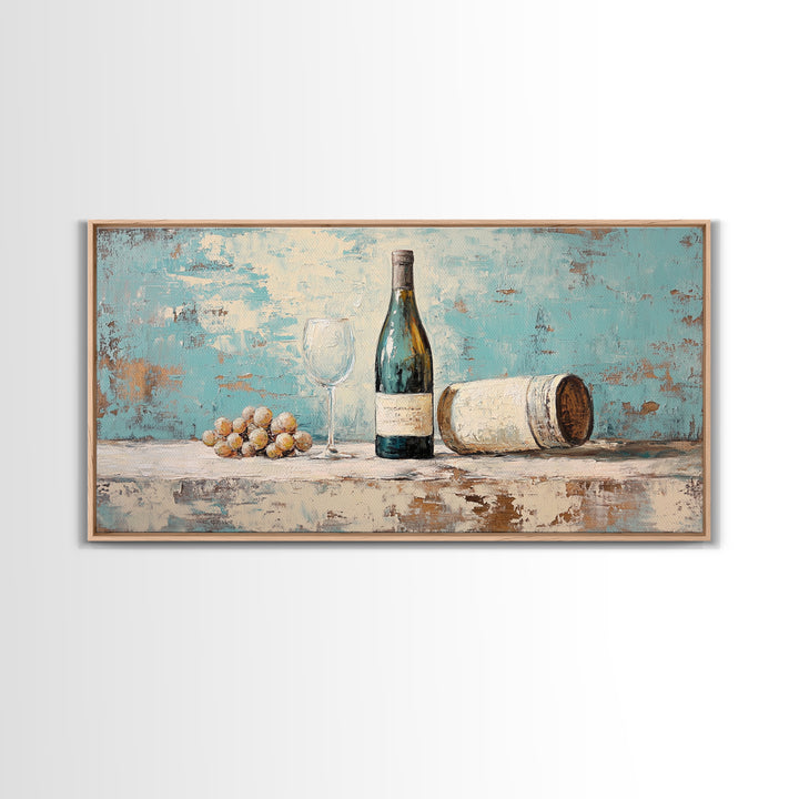 Wine Bottle With Glass And Grapes Canvas Print, Winery Kitchen Wall Art, Rustic Bar Cart Decor, Vineyard Housewarming Gift