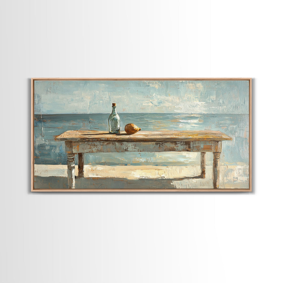 Weathered Seaside Table With Bottle Canvas Print, Coastal Wall Art, Beach House Decor, Ocean Painting, Nautical Living Room Decor