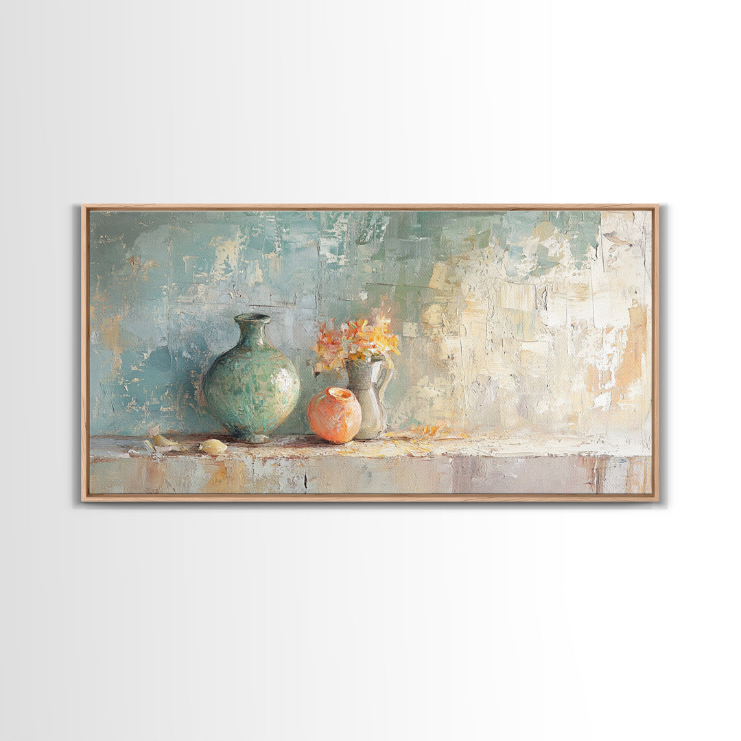 Textured Vases With Tiny Orange Flowers Canvas Print, Neutral Wall Art, Modern Farmhouse Decor, Still Life Painting, Gift For Her