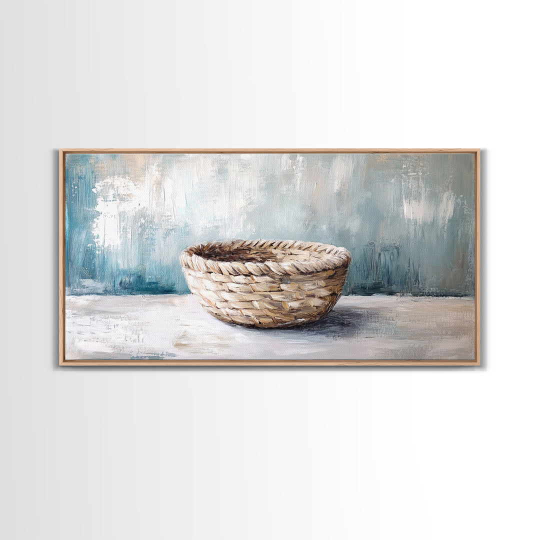 Handwoven Basket Still Life Canvas Print, Rustic Wall Art, Neutral Farmhouse Decor, Wabi Sabi Art, Cozy Kitchen Decor Gift