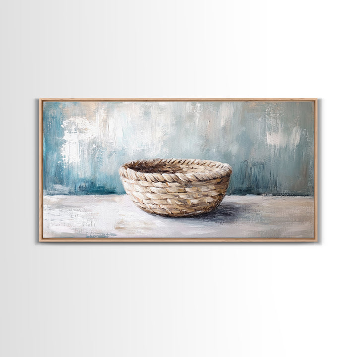 Handwoven Basket Still Life Canvas Print, Rustic Wall Art, Neutral Farmhouse Decor, Wabi Sabi Art, Cozy Kitchen Decor Gift