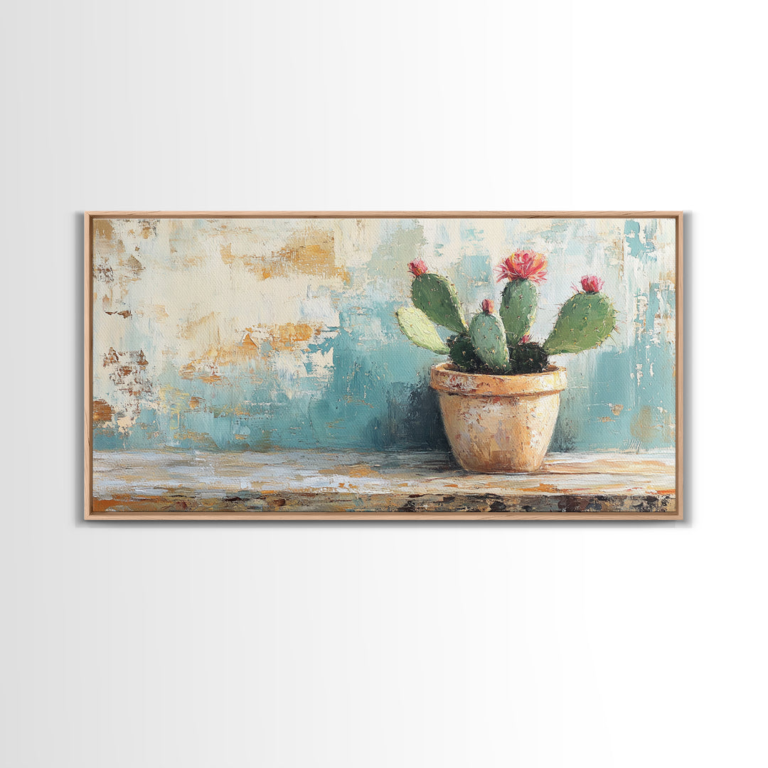 Potted Prickly Pear Cactus With Pink Flowers Canvas Print, Desert Wall Art, Southwest Decor, Botanical Kitchen Decor Gift