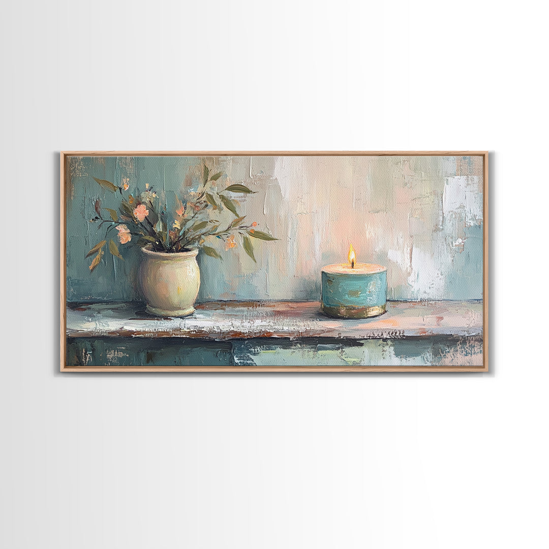 Potted Olive Plant And Candle Canvas Print, Spa Wall Art, Zen Home Decor, Calming Neutral Bathroom Decor Housewarming Gift