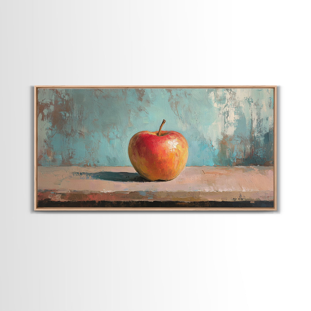 Single Red Apple Still Life Canvas Print, Kitchen Wall Art, Rustic Farmhouse Decor, Minimalist Foodie Gift For Chef Or Baker