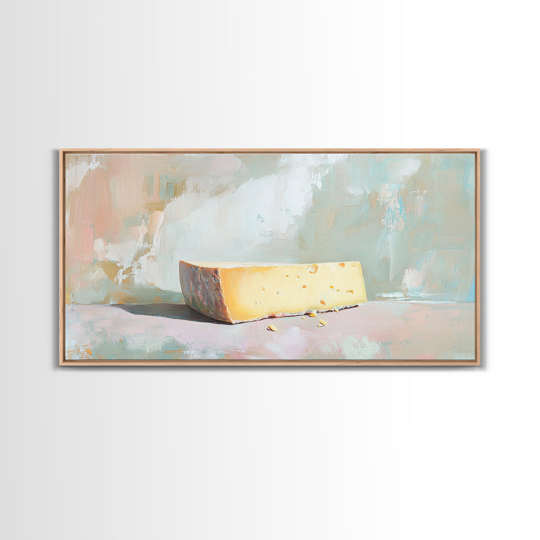 Minimal Cheese Wedge Still Life Wall Art, Pastel Kitchen Decor, Food Art Print, Modern Farmhouse Canvas, Gift For Foodie