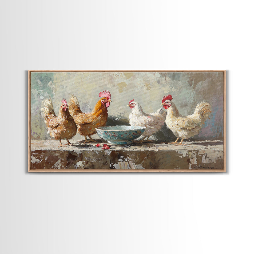 Rustic Farm Chickens And Blue Bowl Wall Art, Farmhouse Canvas Print, Country Kitchen Decor, Animal Wall Art, Housewarming Gift