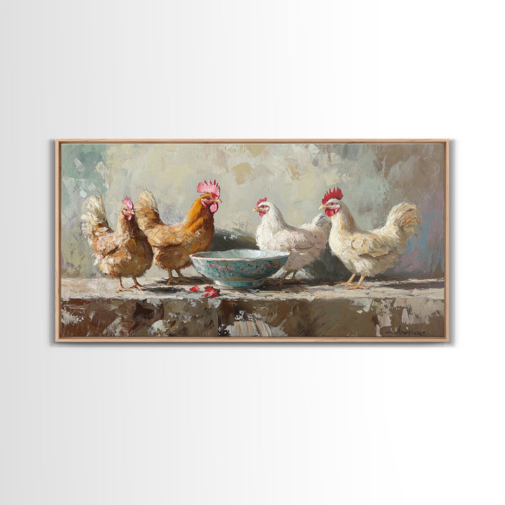 Rustic Farm Chickens And Blue Bowl Wall Art, Farmhouse Canvas Print, Country Kitchen Decor, Animal Wall Art, Housewarming Gift
