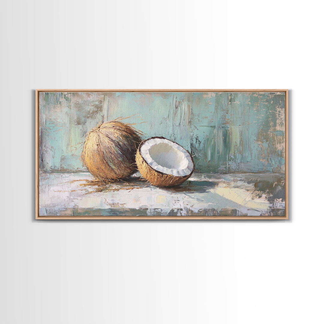 Split Coconut Still Life Wall Art, Tropical Canvas Print, Coastal Kitchen Decor, Beach House Decor, Nature Inspired Art, Gift