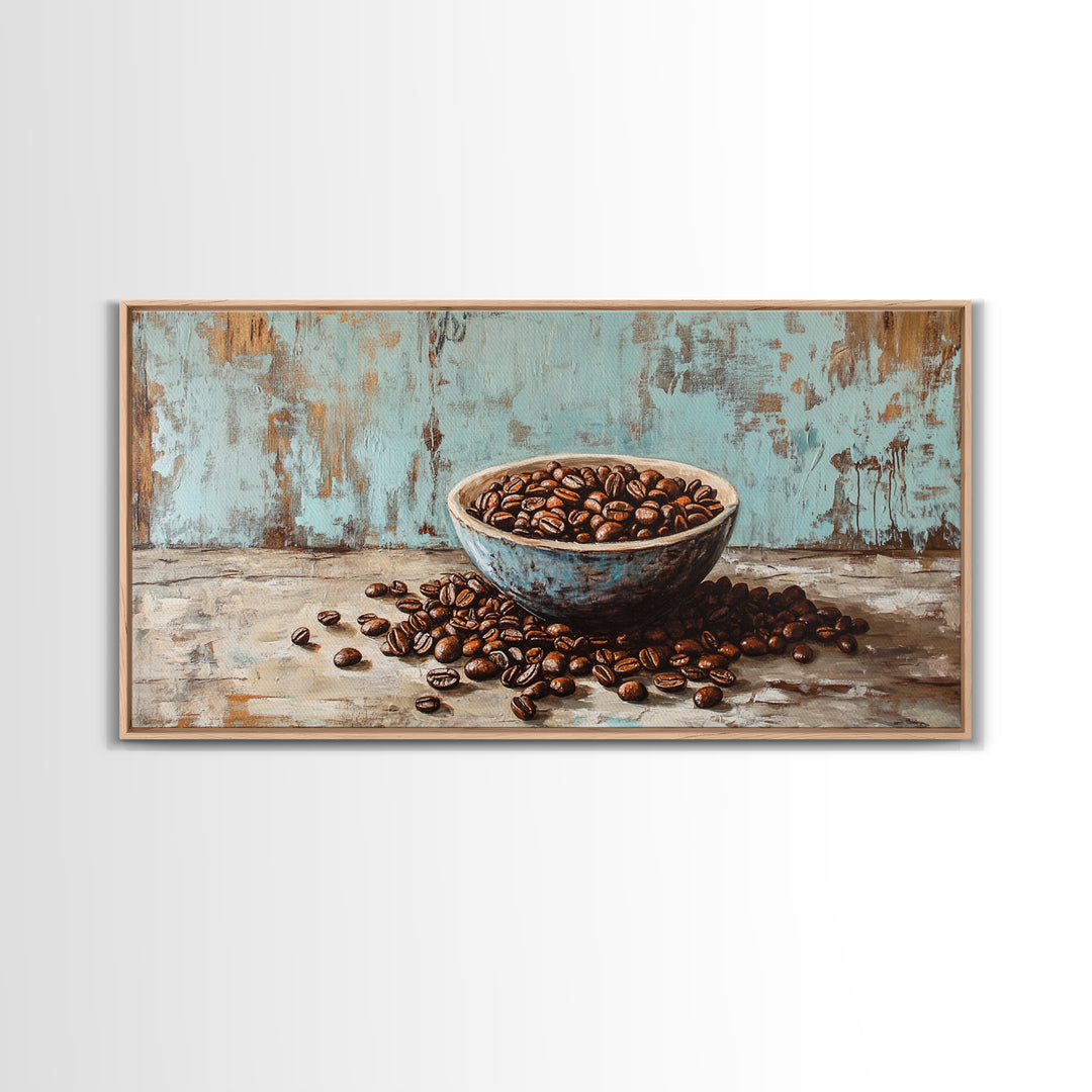 Coffee Beans In Weathered Blue Bowl Wall Art, Coffee Bar Canvas Print, Rustic Kitchen Decor, Cafe Wall Art, Gift For Coffee Lover