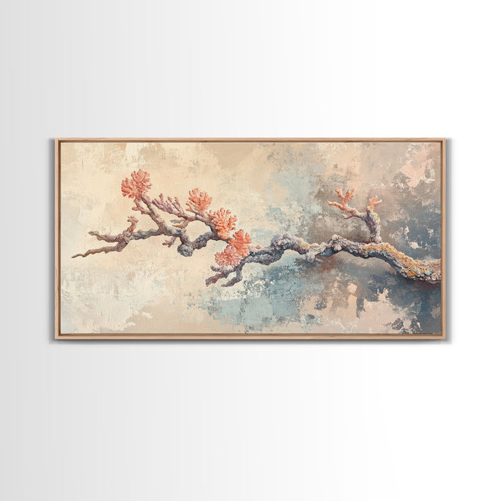 Pink Coral Branch Coastal Wall Art, Textured Ocean Art Print, Beach House Decor, Serene Neutral Canvas Print, Nautical Wall Decor