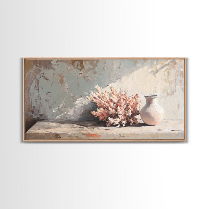 Soft Coral Bouquet And Ceramic Vase Wall Art, Coastal Still Life Print, Neutral Beach House Decor, Modern Home Decor Gift